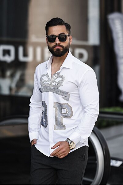 BAYIM Taç Desenli Slim Fit Beyaz Erkek Taş İşlemeli Gömlek