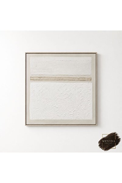 Store Minimalist Beyaz | Dokulu Tablo 80x80 cm MDF Çerçeveli Modern Dekoratif...