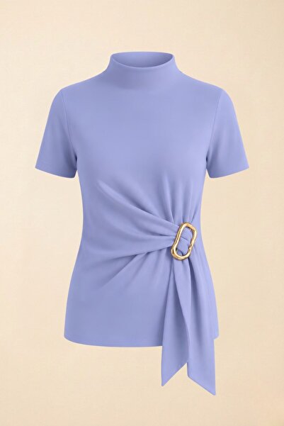 Potenza Women's T-Shirt Short Sleeve High Neck with Buckle and Tie Detail at ...