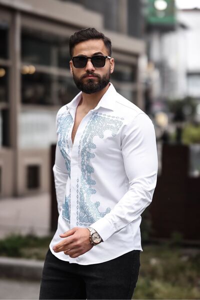 BAYIM Barok Desenli Slim Fit Gömlek Erkek Taş İşlemeli
