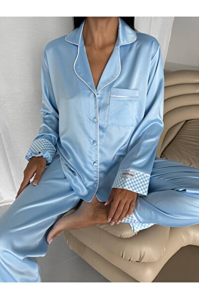 Saten Premium Kumaş Düğmeli Uzun Pijama Takımı Mavi (Toka Hediyeli)