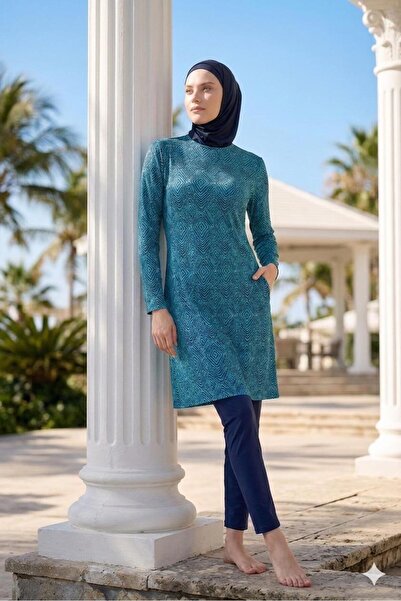MARESİVA Fully Covered Hijab Swimsuit with Ethnic Pattern, Set of 5, with Bon...