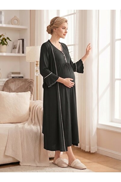 Pelin Women's Black Ribbed Buttoned 2-Piece Maternity Nightgown Set with Dres...