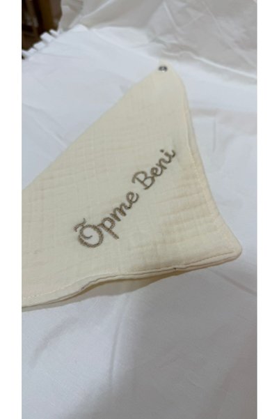 Tly Home Textiles Don'T Kiss Me Embroidered 4 Layer Muslin Scarf Beige Bib – Single Snap Baby Bib