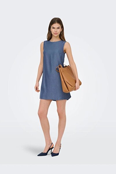 ONLY Onlcharıs Lıfe Sl Short Dress Wvn Cc Kadın Elbise 15363981 Dark Blue Denim