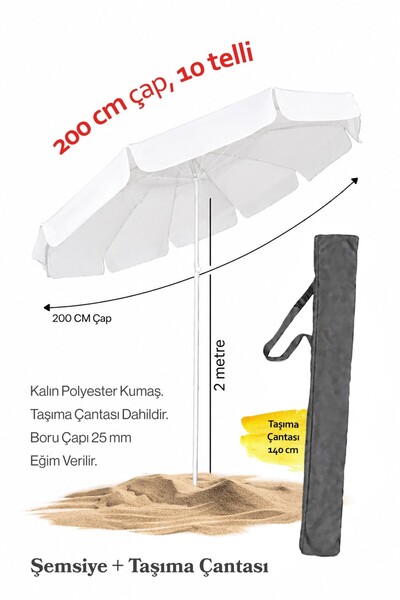 Düvenci Beyaz Renkli 200 cm Çap ve 10 Telli Plaj Şemsiyesi + Şemsiye Kılıfı, ...