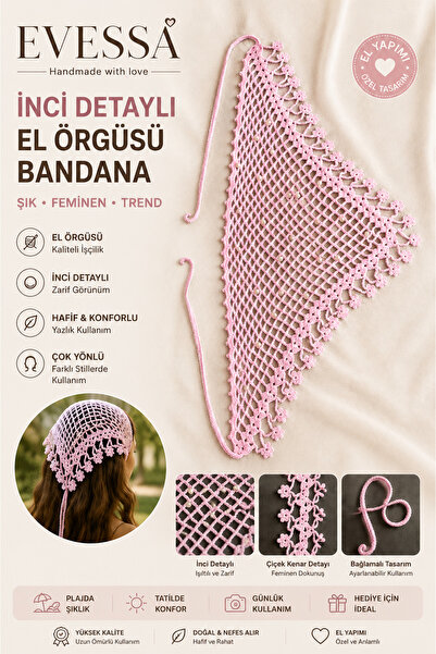 evessa El Örgüsü İnci Detaylı Bohem Kadın Bandana - Pembe
