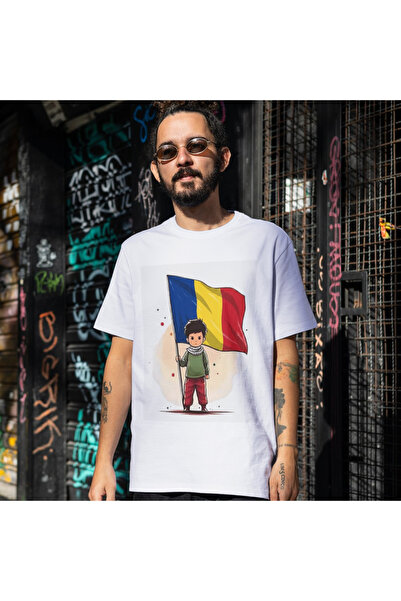 ALPŞAN TİCARET Romania Flag T-Shirt - Romania Flag Printed Anime Boy T-Shirt