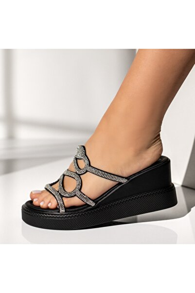 Modlet.ro Women's black casual platform slippers with rhinestones EMA18
