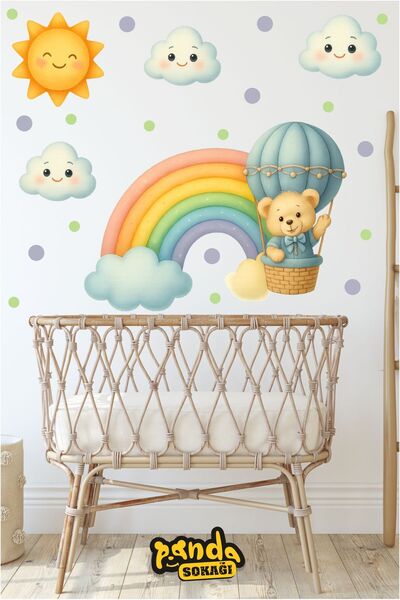 PANDA SOKAĞI Sevimli Ayı , Bulutlar Ve Güneş Sticker Kendinden Yapışkanlı Pua...