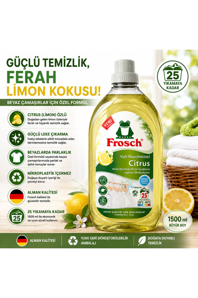 Frosch Citrus Sıvı Çamaşır Deterjanı 1500 ml 25 Yıkama Beyaz Çamaşırlar İçin