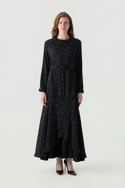 Zühre Patterned Belted Layered Black Dress 0554