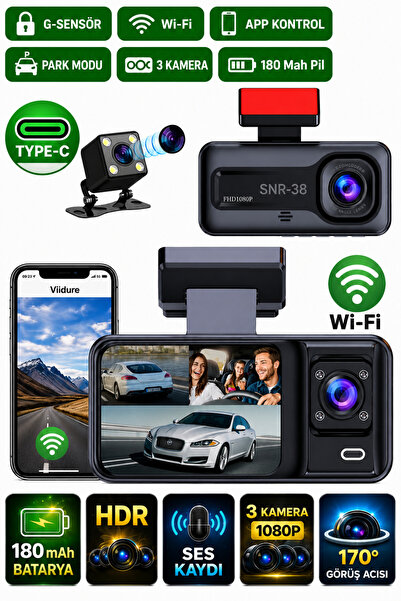 MEYTECH SN-38 Wi-Fi 3 Kameralı Araç içi Güvenlik Kamerası IR Gece Görüşü Ön-a...