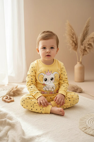 Babydonat Taçlı Fil Desenli % 100 Pamuk Kız Çocuk Pijama Takımı