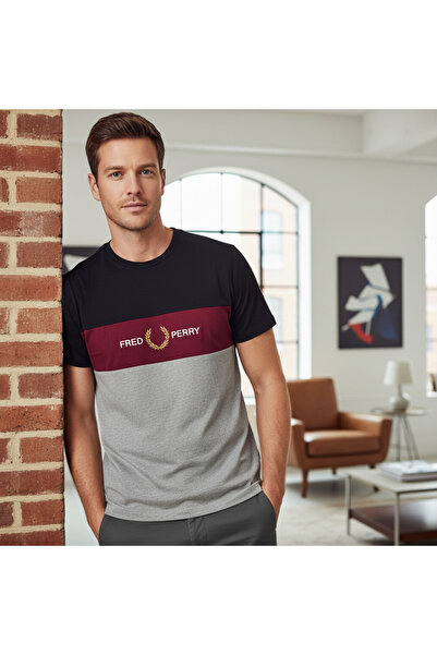 Fred Perry تي شيرت رجالي بتصميم ثلاثي الألوان مع شعار - مقاس L