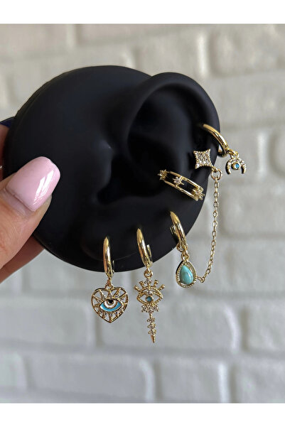 h&b design jewel Çelik Gold Göz Detay 6 Lı Küpe Seti