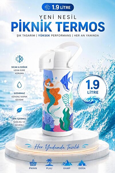 Galeriyo 1.9 Litre Deniz Kızı Desenli Termos Çay Termosu Su Termosu Beyaz