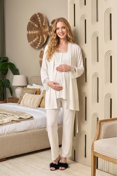 Lohusa Dünyasi Women's Ecru Lace 3-Piece Maternity Pajama Set with Dressing Gown