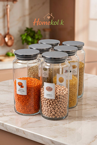 Homekolik 6'lı Metal Kapaklı Etiketli Vakum Kapaklı Cam Kavanoz Seti 1300 ml ...