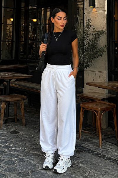 Madmext White Stoppered Barrel Fit Women's Sweatpants Mg2840