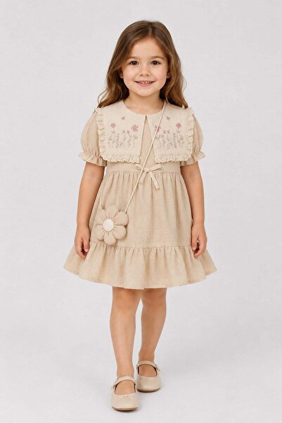 dinamik çocuk Girl's Scalloped Collar Vintage Dress with Floral Bag-Like Appe...