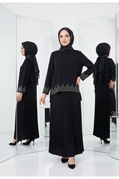wishne طقم مكون من قطعتين مع تنورة سوداء مطوية مقاس كبير - ملابس إسلامية