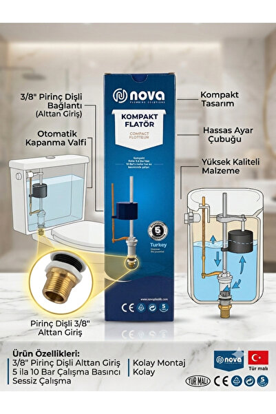 Nova Kompakt Flatör 3/8 Alttan Girişli Rezervuar Şamandırası Pirinç Dişli