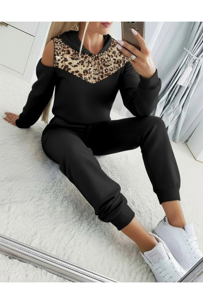 Generic Brand Women's Long Sleeve Off-The-Shoulder Leopard Print Hooded Visco...