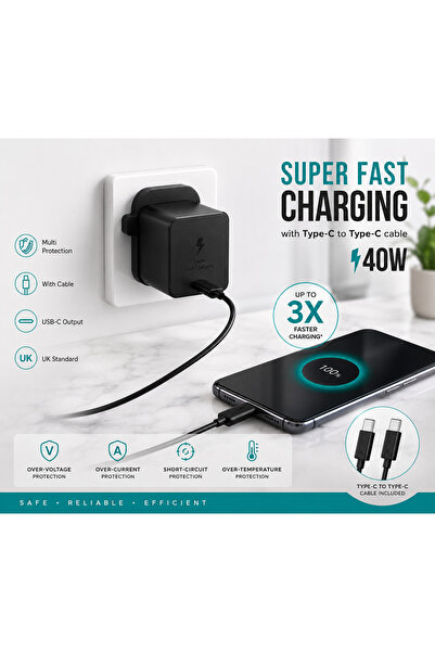 EasyLife 40W Super Fast Charging USB-C Wall Charger UK Plug with Type-C to Ty...