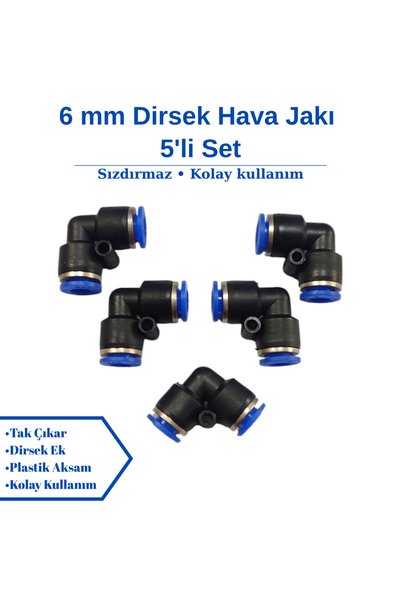Firetech 6mm Dirsek Hava Jakı - Pnömatik Jak - Hortum Jakı - Ekleme Jakı 5'li Set