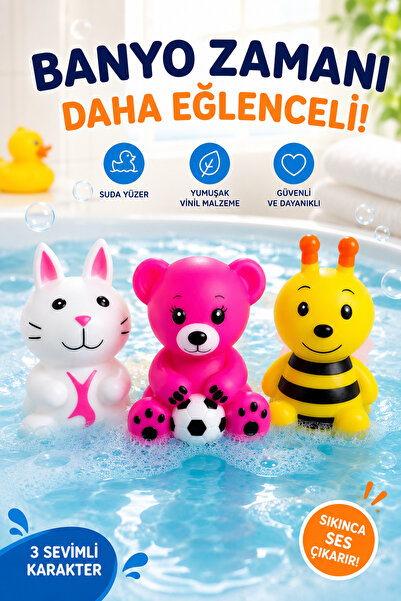 MİNGODAN Banyo Oyuncağı 3'lü Set Suda Yüzen Vinil Ses Çıkaran Kedi Ayıcık Arı...