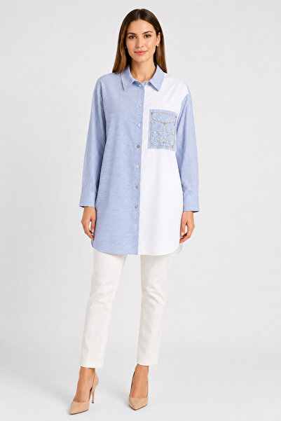 Nihan Women's Shirt Collar Shiny Stone Detailed Striped Poplin Long Tunic
