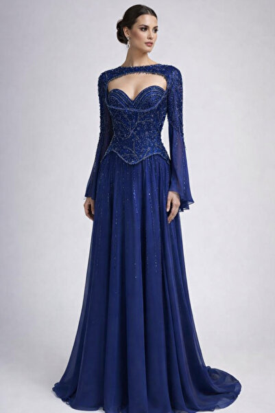 orchid couture Royal Blue Beaded Long Evening Gown – Elegant Formal Dress wit...