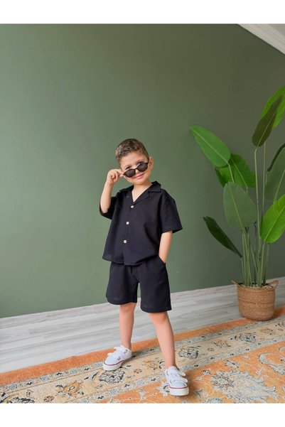 LunaSun Kids Boy's Linen Short-Sleeved Shirt and Shorts 2-Piece Summer Set Black