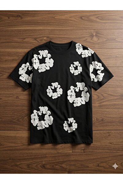 JANTIL MODA Oversize Unisex Tişört -3D Puff Kabartma Baskılı Çiçek Desenli