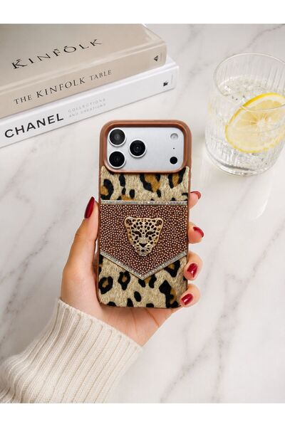 OLEA AKSESUAR İPhone 17 Pro Max Leopar Desen Tüylü Taş İşlemeli Premium Telef...