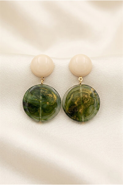 Pelin Aksesuar Ecru and Dark Green Marble Patterned Gold Sparkling Round Dang...