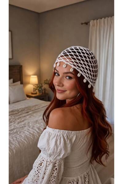 Handmade Efece Baby Wear Hand-Knitted Seashell Hair Net Fishnet Beanie Bandana