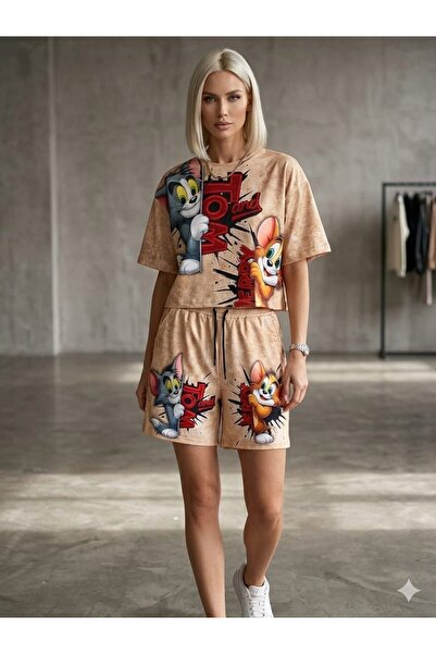 DENİKK Trend Digital Stone Print Embroidery Sequin Oversize Short Sleeve Spor...
