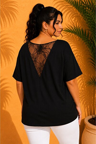 FOR ESRA BIG TREND Women's Plus Size Back V Lace Low-Cut Front Plain Short Sl...