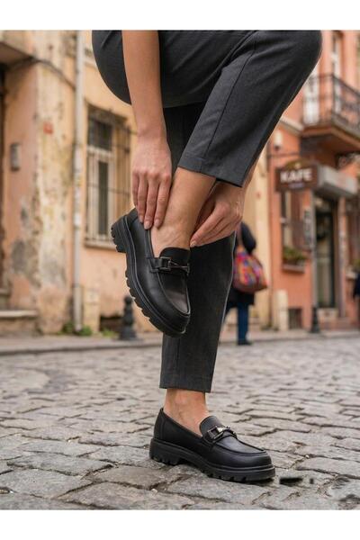 fort Ventes 35840 Black Leather Buckle Detailed Comfortable Loafer Women's Shoes