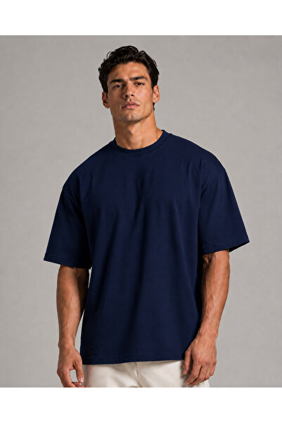 metsawear Men's Premium Oversize Navy Blue Basic T-Shirt – European Fit, Comf...
