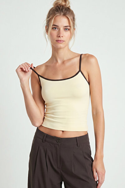 Lovelyİstanbul Contrast Striped Strappy Knitted Tank Top Lub0373 Yellow Brown