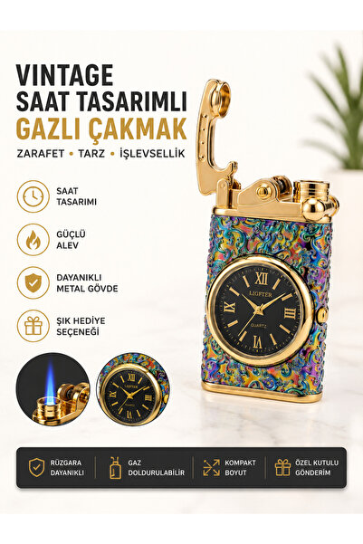 BELVORA ATELİER Vintage Saat Tasarımlı Gazlı Çakmak – Doldurulabilir Metal Gö...