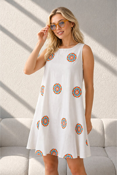 Arbucky Women's Crew Neck Embroidered Short Dress
