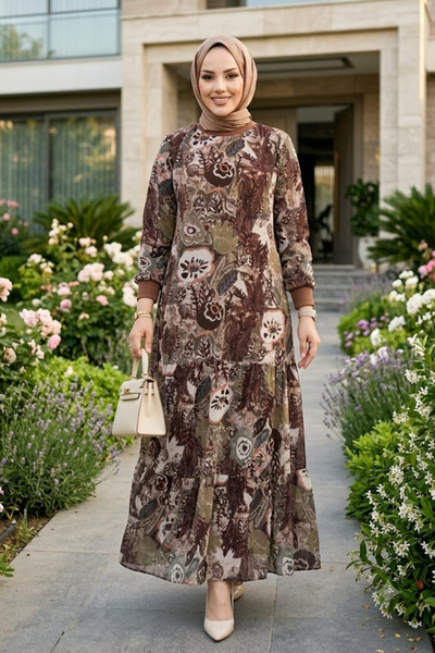 Hb Harma Time Butik Women's Embroidered Patterned Chiffon Milk Coffee Dress
