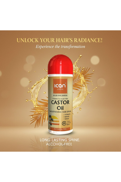 Ican London Hair Polisher Castor Oil Serum 207ml – Alcohol-Free Smoothening Hair Serum | Anti-Frizz, Shine Enhancing & Nourishing Hair Treatment