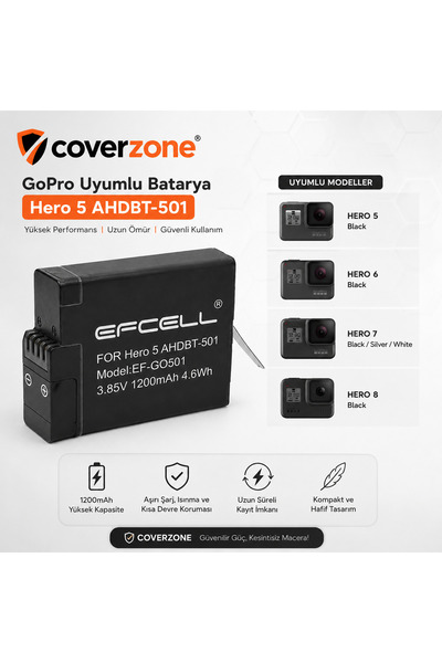 Coverzone GoPro Hero 5/6/7/8 Black Uyumlu 1200mAh Yedek Batarya Aksiyon Kamer...