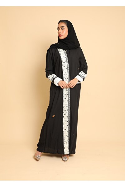 Stylish Fashion عباية من ستايلش فاشن لنن لف باللون الأسود مزينة بخطوط زخرفية