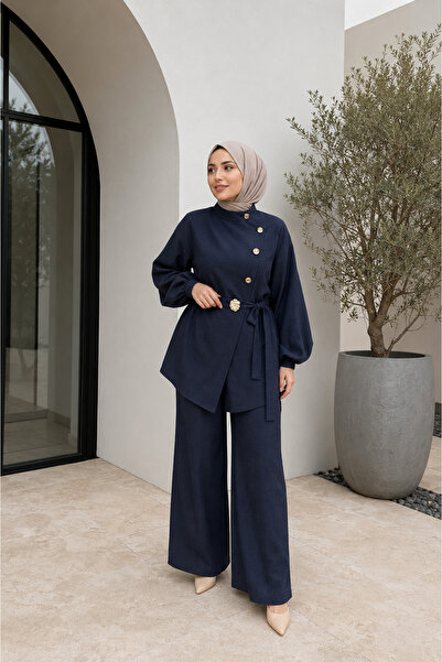 unika boutique Düğme Detaylı Kuşaklı Tunik Pantolon Tesettür Ikili Takım